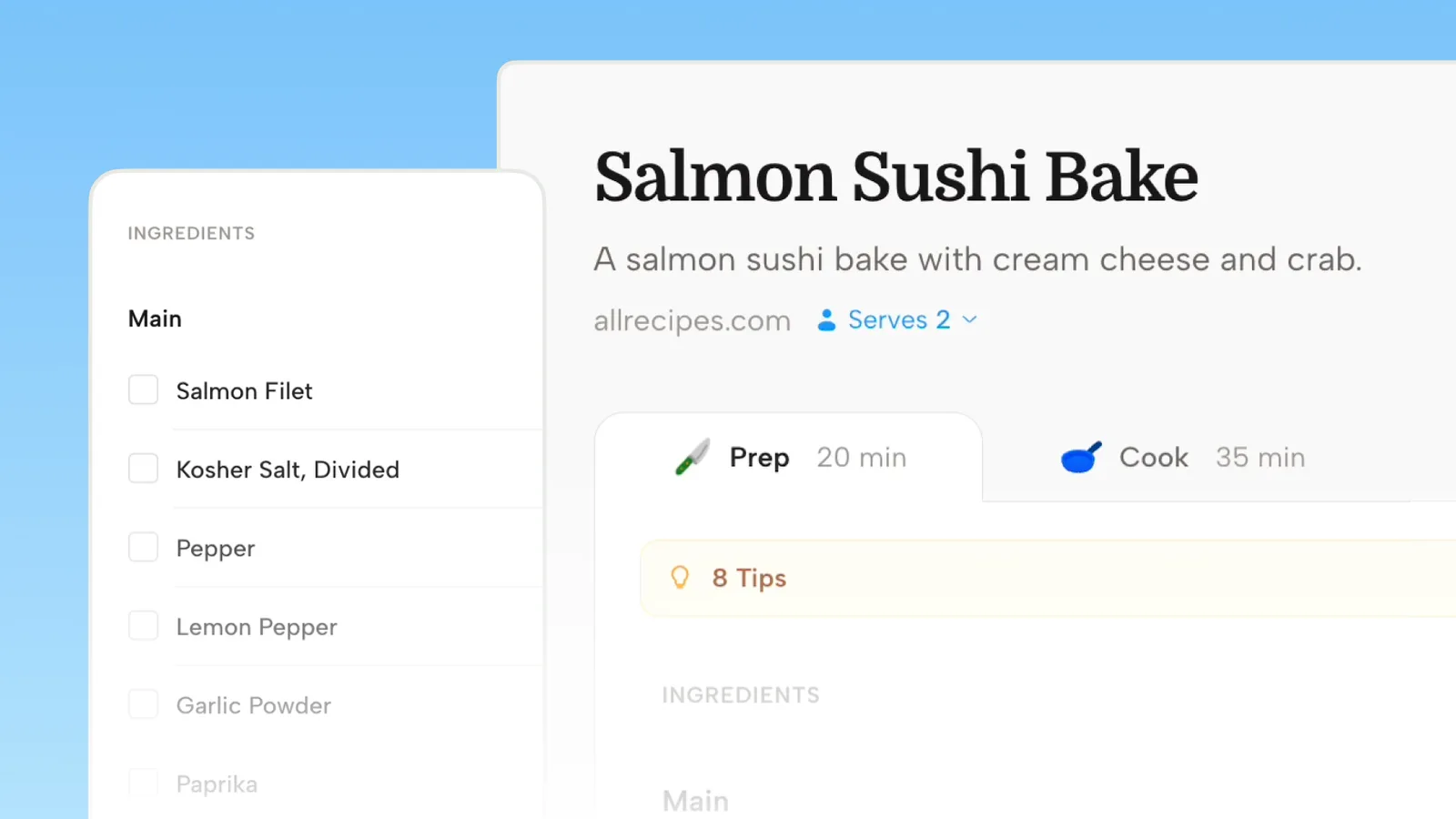 Mizen recipe app showing a clean Salmon Sushi Bake recipe with an ingredients panel